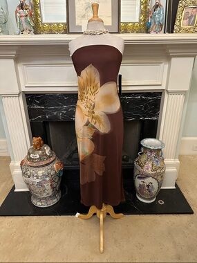 Madden Girl Strapless Brown Maxi Dress with Cream-Yellow Floral